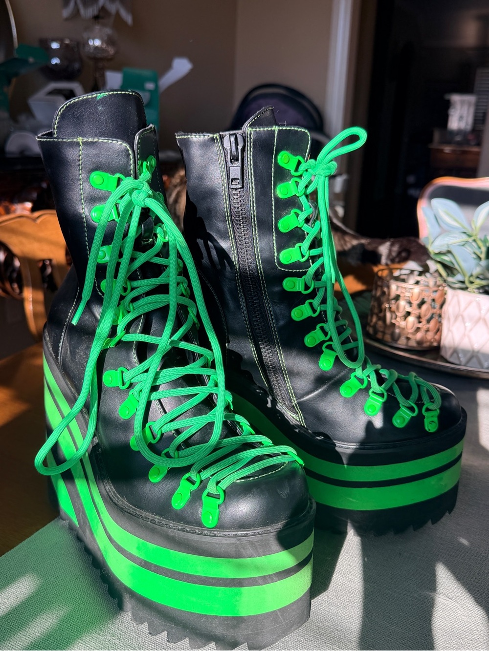 Club Exx Neon Jawbreaker Traitor Platform Boots Dolls Kill Green Black - Picture 5 of 9